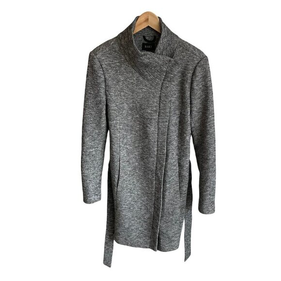 Saki Tweed-Style Gray 3/4 Length Fall Coat Asymmetrical Mock Neck Zip Lined Lg - Picture 2 of 15